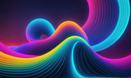 Abstract neon waves swirl in a rainbow pattern against a dark backgroundの素材