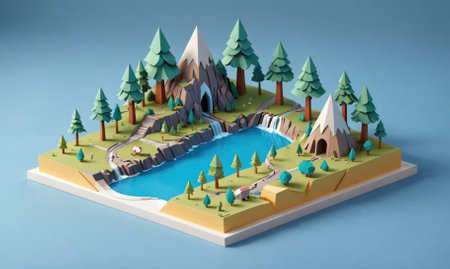 A low-poly model of a serene forest scene features a waterfall, a lake, and a mountain with a cave entranceの素材