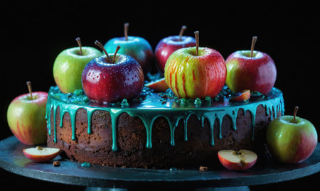 A chocolate cake topped with apples and drizzled with blue frosting sits on a black backgroundの素材