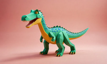 A green paper dinosaur stands on a pink backgroundの素材