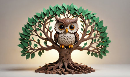 A paper owl perched on a paper tree, a whimsical creation perfect for a childs roomの素材
