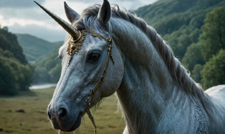 A white unicorn with a golden bridle stands in a meadow with a river in the backgroundの素材