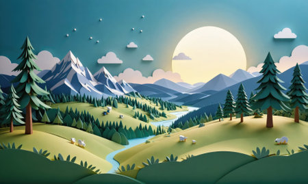 A papercraft landscape with a mountain range, a winding river, and fluffy white clouds under a bright, paper moonの素材
