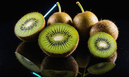 A group of kiwi fruits are displayed against a black background, showing their unique textures and vibrant green fleshの素材