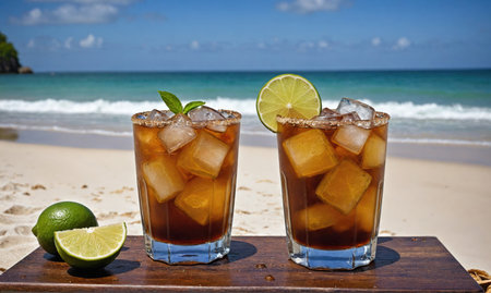 Two refreshing drinks on a beach with a view of the oceanの素材