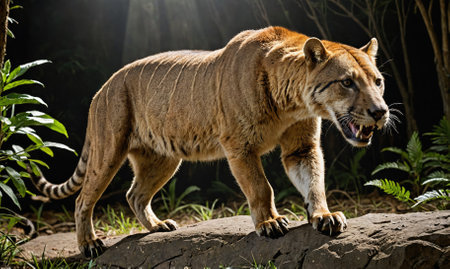 A saber-tooth cat walks across a rock in a lush, green forestの素材