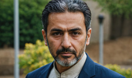 A middle-aged man with salt and pepper hair looks directly at the camera, wearing a blue blazer and a white collared shirtの素材