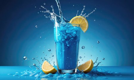 A tall glass of blue lemonade with lemon wedges and ice cubes, splashing in a refreshing waveの素材