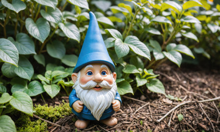 A blue-hatted garden gnome stands amidst leafy plants in a home gardenの素材