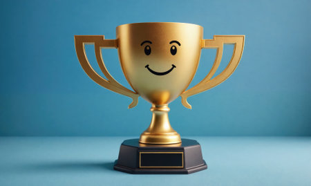 A gold trophy with a smiley face on it sits on a blue backgroundの素材