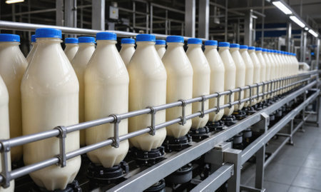 Milk bottles move along a conveyor belt in a factoryの素材