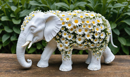 A white elephant statue decorated with daisies stands on a wooden surfaceの素材