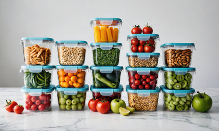 Prepared meals in containers are ready for the weekの素材