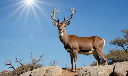 A deer stands on a rock in a sunny meadowの素材