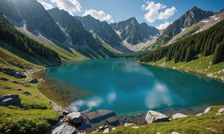 A serene mountain lake nestled in the Alps, reflecting the clear blue sky and fluffy cloudsの素材