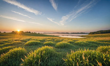 A field of tall grass basks in the golden light of a sunrise, with a misty lake in the distanceの素材