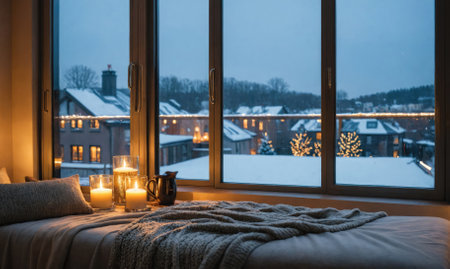 Candles flicker on a bed by a window overlooking a snow-covered town at duskの素材