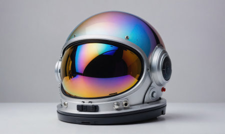 A silver astronaut helmet with an iridescent finish sits on a white surfaceの素材