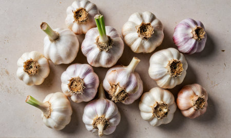 A group of fresh garlic cloves are arranged on a white surfaceの素材