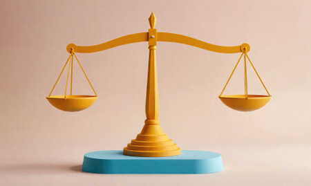A golden scale sits on a blue platform, symbolizing justice and balanceの素材