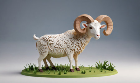 A detailed paper sculpture of a ram stands on a grassy baseの素材