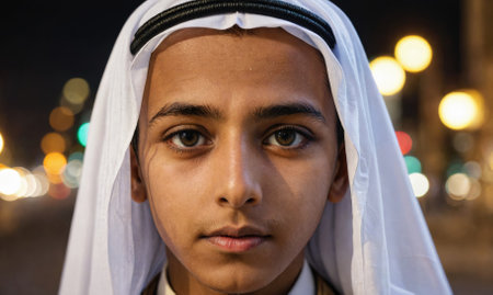 A young boy in a white headscarf stands in the street at night with a cityscape blurred in the backgroundの素材