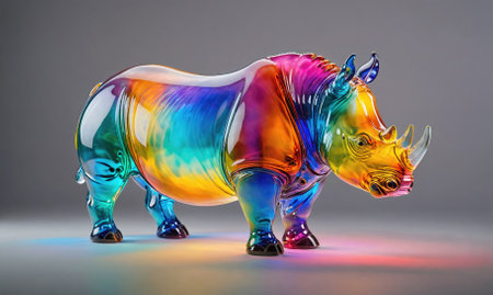 A colorful glass rhinoceros sculpture stands on a gray surfaceの素材
