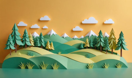 A paper craft landscape depicts a lush green forest, rolling hills, and snowy mountains against an orange backgroundの素材