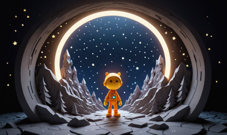 A small, yellow character stands in a 3D-rendered landscape, framed by a large glowing ring and a starry night skyの素材
