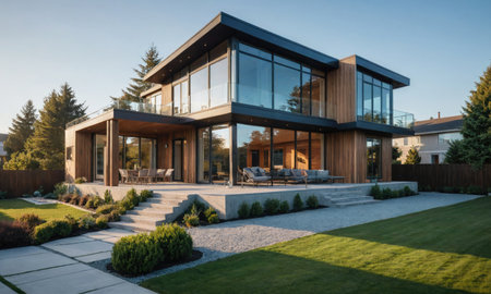 A modern, wood-sided house with large windows sits on a manicured lawnの素材