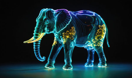 A glass elephant sculpture stands on a dark background, illuminated with blue and yellow lightsの素材