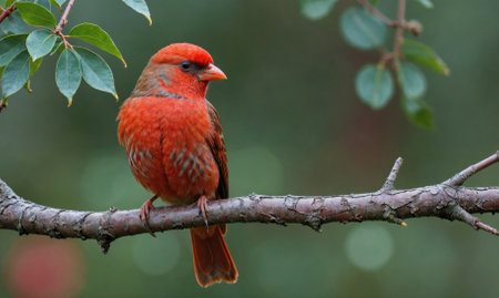 A red bird perches on a branch in a forestの素材