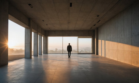 A man stands in a large, empty room, looking out at the city skyline during sunriseの素材