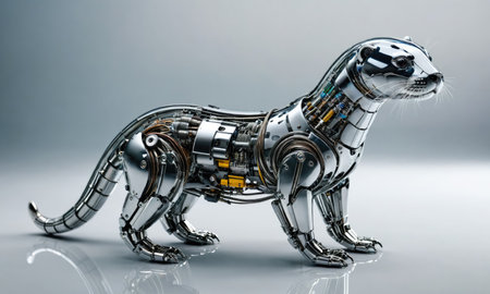 A robotic otter stands on a gray surface, its metallic body gleaming under the lightの素材