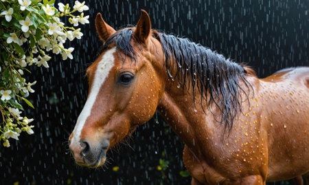 A brown horse stands in the rain, its coat glistening with water dropletsの素材