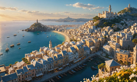 A picturesque coastal town in Italy, with white buildings perched on a hill overlooking the sparkling blue seaの素材