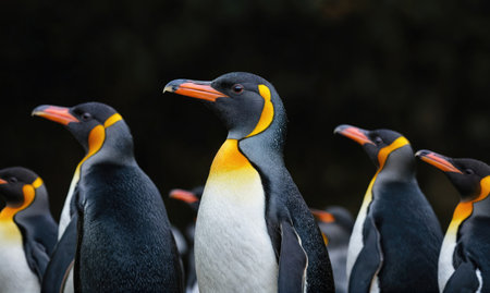 King penguins stand in a group in Antarcticaの素材