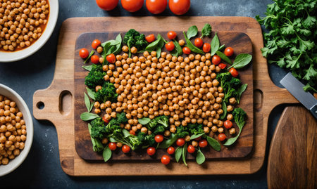 A large serving of roasted chickpeas on a wooden cutting board, surrounded by cherry tomatoes, basil, and broccoli floretsの素材