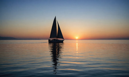 A sailboat sails across the calm water as the sun sets over the horizonの素材