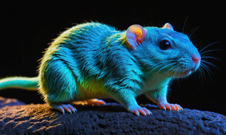 A blue rat sits on a dark branch, illuminated by a mysterious lightの素材