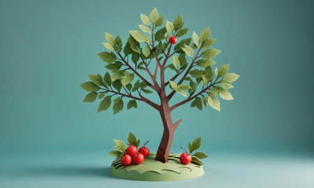 A paper tree with red cherries sits on a green base against a teal backgroundの素材