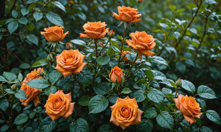 A bush of orange roses blooms in a lush garden on a sunny dayの素材