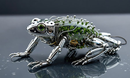 A chrome frog sits on a reflective surface. The frog is detailed, with visible gears and moving partsの素材