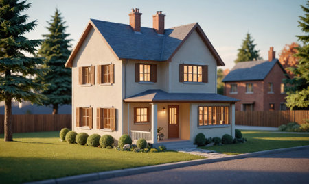 A charming two-story house with a porch sits on a quiet street, surrounded by green grass and treesの素材