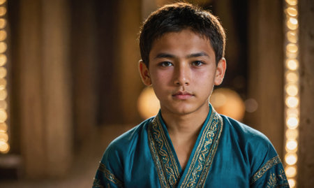 A young boy wearing a blue robe stands in front of a blurred backgroundの素材