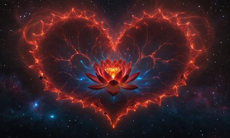 A fiery heart-shaped nebula surrounds a blooming lotus in the vast expanse of spaceの素材