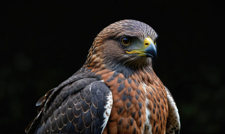 A close-up of a brown and black hawk with yellow eyes, against a dark backgroundの素材