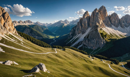 A winding road snakes through the green hills of the Italian Alps, with snow-capped mountains in the distanceの素材