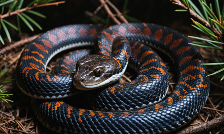 A black and orange snake with a white stripe curls up on the forest floorの素材