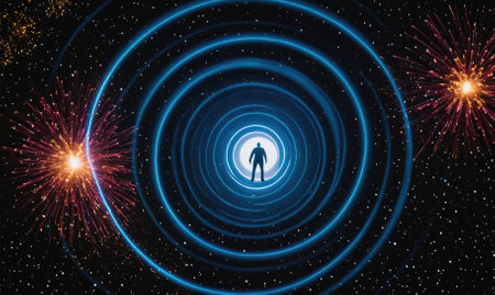 A lone figure stands in the middle of a swirling blue portal, surrounded by bright orange and red fireworks against a dark starry skyの素材